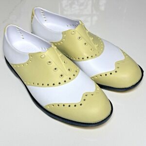 Biion Rubber‎ Spikeless Wing Tip Golf Shoes Womens 7 Mens 5 White Yellow Slip On